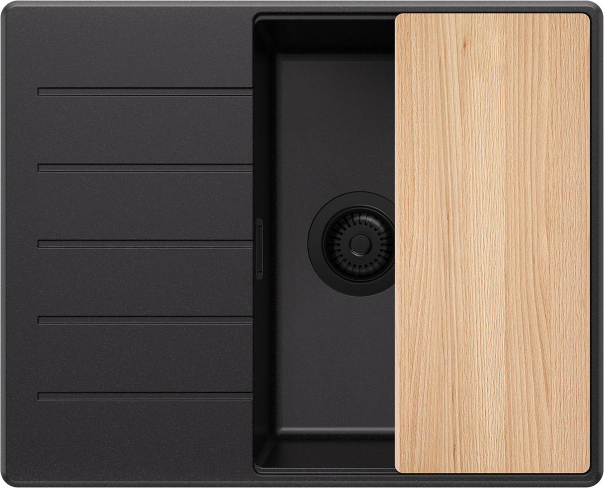 SPÜLBECKEN Kopenhagen, 2-er set Alles Schwarz 62/50 cm 1 Becken + Ablauf-Set + Schneidebrett ab 45er Unterschrank - Beige/Schwarz, Kunststoff (62/20/50cm) - Primagran