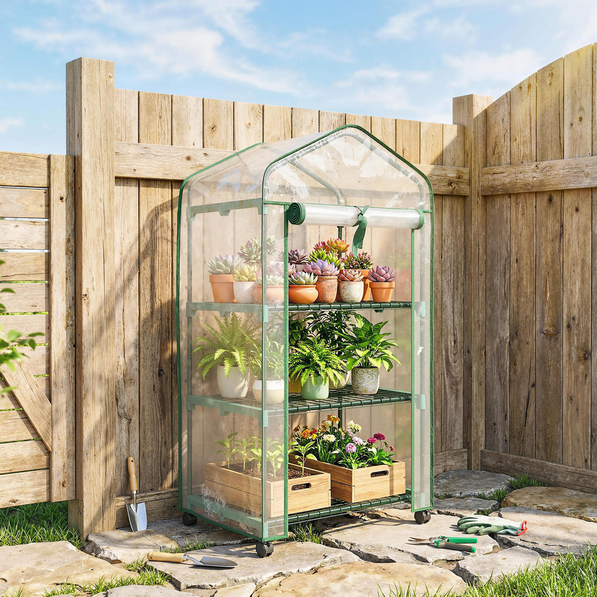 GEWÄCHSHAUS DE-12088 3 Etagen, hochdichte PVC-Bâche, 4 Rollen Transparent - Transparent, Kunststoff (49/130/69cm) - ComfortXL