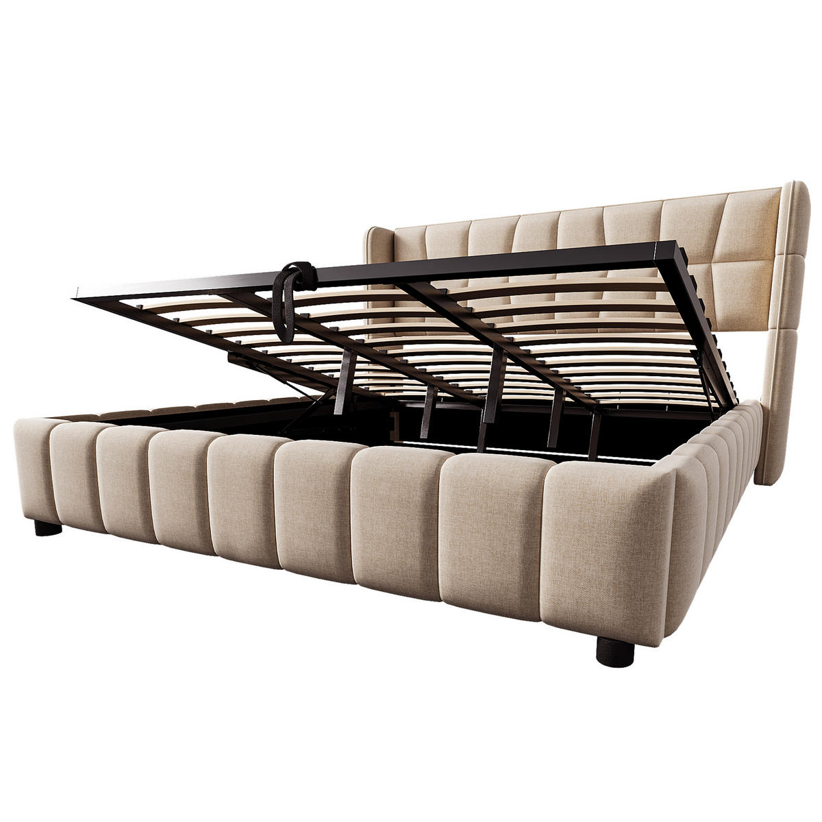 POLSTERBETT 180/200 cm beige aus Stoff mit Stauraum und Hebemechanismus - Beige, Textil (180/200cm) - OKWISH