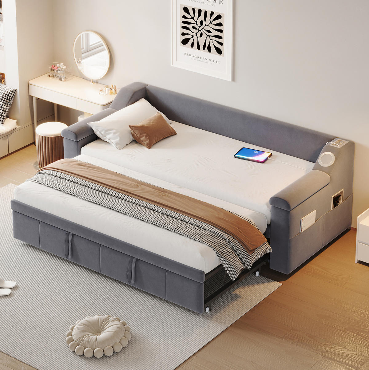 SCHLAFSOFA 90/190-180/190 cm mit hydraulischem Auszug, Bluetooth-Stereo, USB und Ablagefächern, Grau - Grau, Textil (216/69/97cm) - Redom