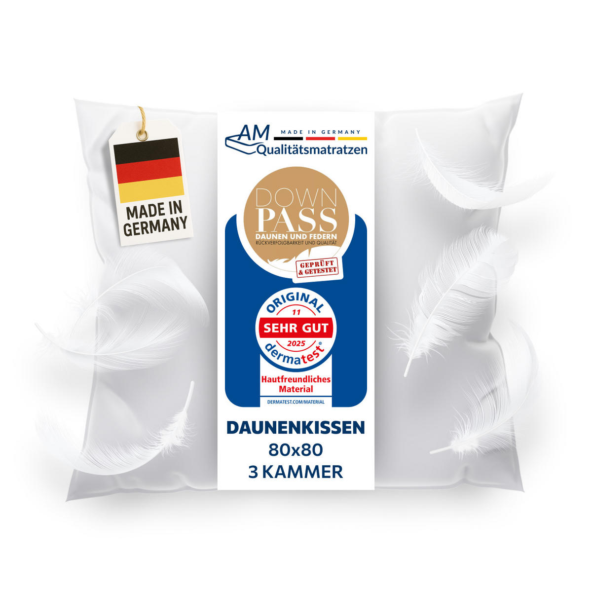 DAUNENKISSEN 80x80 im 3-Kammer-System Made in Germany & DOWNPASS Zertfiziert - Weiß, Textil (80/80cm) - AM Qualitätsmatratzen