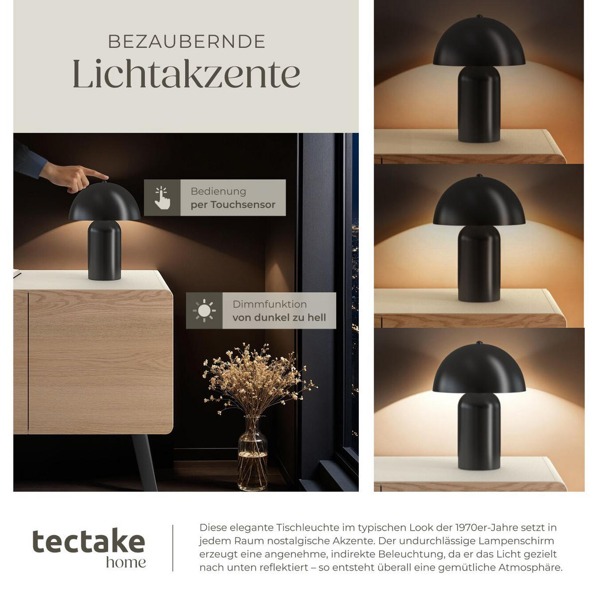 AKKU-TISCHLAMPE Kade,25 x 34 cm,schwarz - Schwarz, Metall (25/25/34cm) - tectake