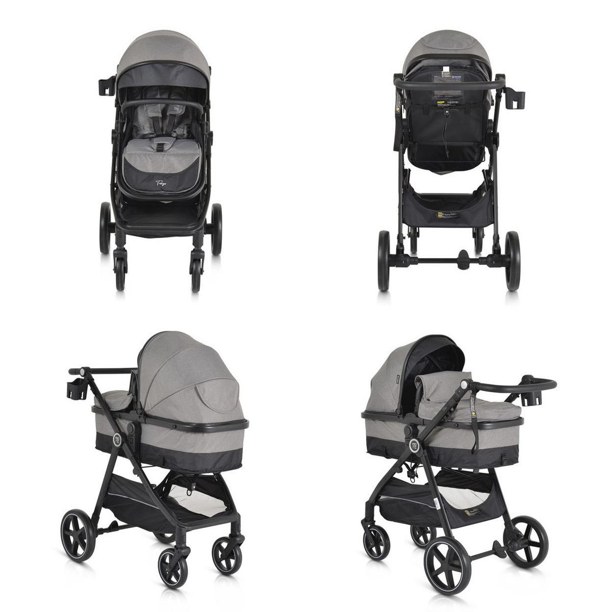 KINDERWAGEN 2 in 1 Tokyo grau umbaubar Wickeltasche Stoßdämpfer klappbar - Grau, Metall (78/58/109cm) - Moni
