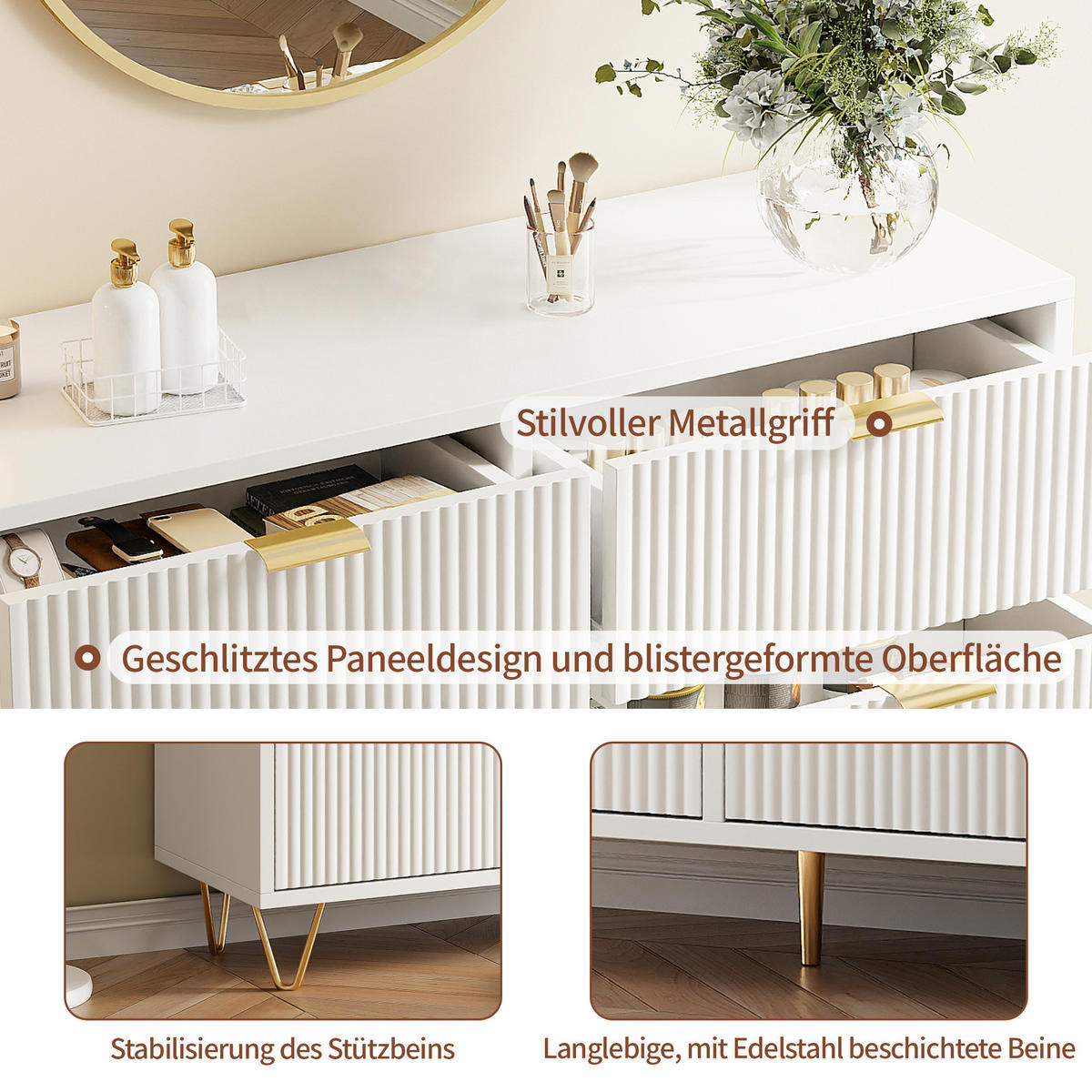 KOMMODE Modern‑Weiß mit vertikalem Rillendesign & goldenen Metallakzenten 34/100/73 cm - Weiß, Holz (100/73/34cm) - Joyfair