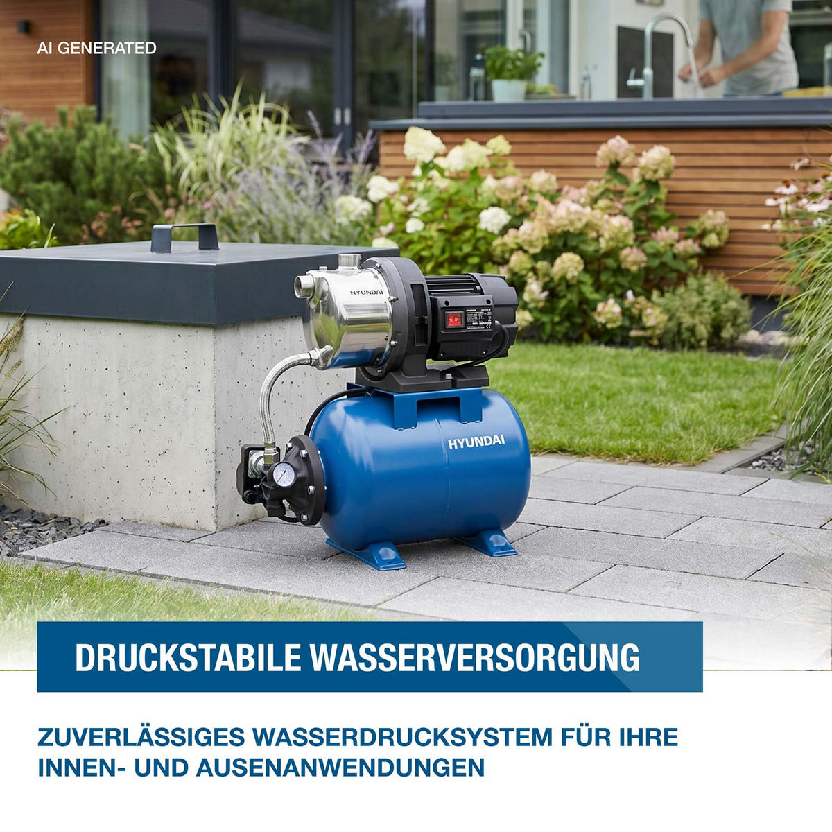 HAUSWASSERWERK HWW12050-ST (1200W, STAHL-Kessel, 5.000 l/h, Förderhöhe max. 50m, Ansaughöhe max. 8m) - Blau, Metall (27.5/51.4/48.1cm) - HYUNDAI