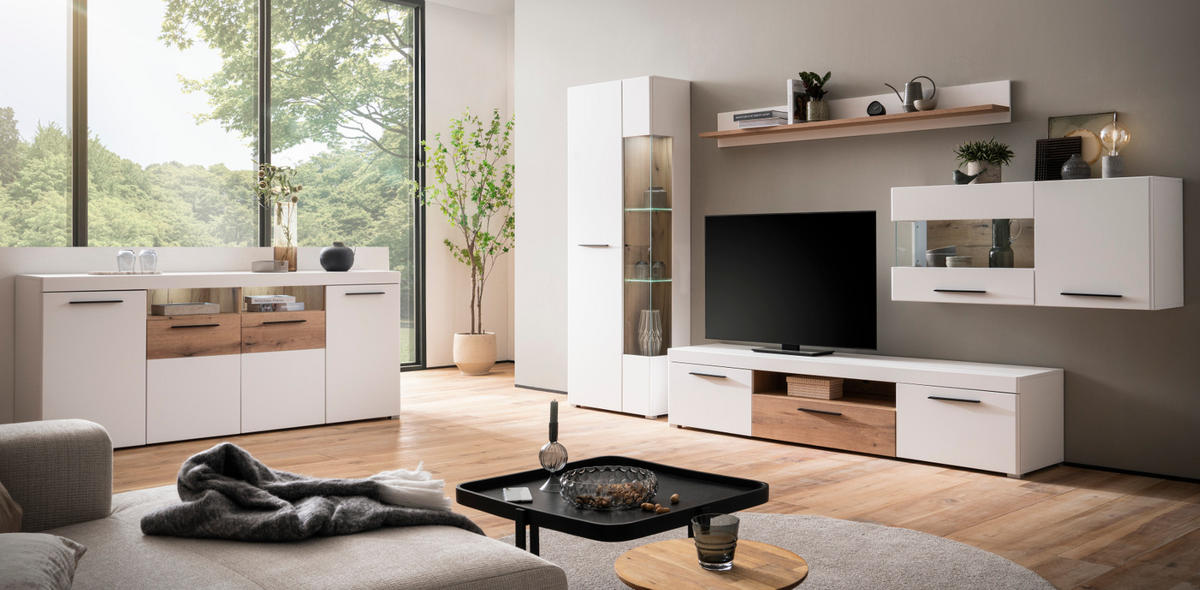 WOHNZIMMER-SET Wandboard weiß matt, Evoke Eiche, Wohnkombination 2-teilig, Soft-Close-Funktion - Eichefarben/Schwarz, Holzwerkstoff/Kunststoff (205/180/45cm) - Furn.Design