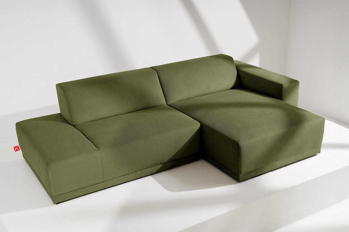 ECKSOFA-RECHTS MUDI in moderner Optik mit hochwertigem Kaltschaum, Cord-Stoff, khaki - Schwarz/Grün, Textil (280/160cm) - KONSIMO®