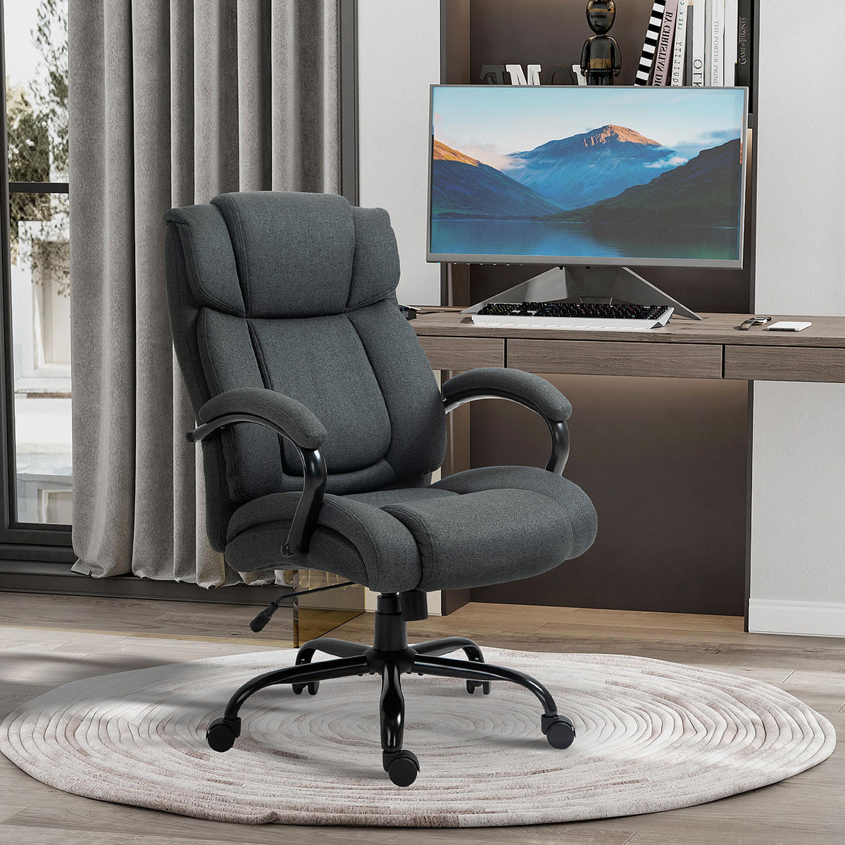 BÜROSTUHL, Ergonomischer Schreibtischstuhl, Drehstuhl mit gepolsterter Armlehne - Dunkelgrau/Schwarz, Textil/Metall (72.5/118/80cm) - Vinsetto