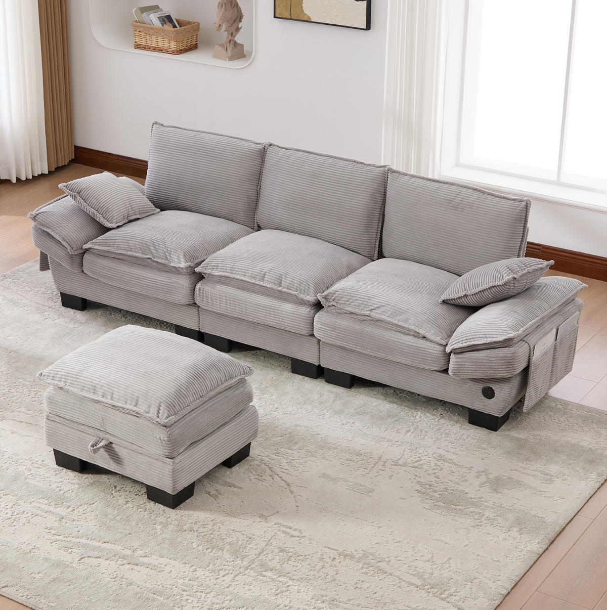 SOFA 3-Sitzer modular mit Hocker 260 x 132 cm Corduroy Light Gray - Hellgrau, Kunststoff (132/260.1cm) - Meubliv