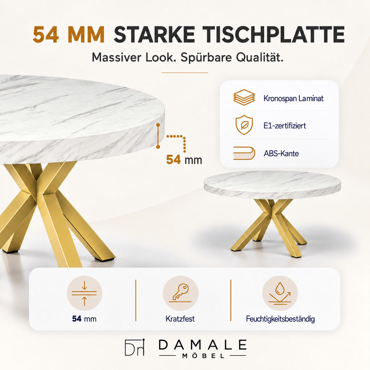 ESSTISCH rund ausziehbar 100/200/76 cm, Marmor, 54 cm Tischplatte + X Metallbeine Gold - Goldfarben/Hellgrau, Holzwerkstoff/Metall (100/200/76cm) - Damale Möbel