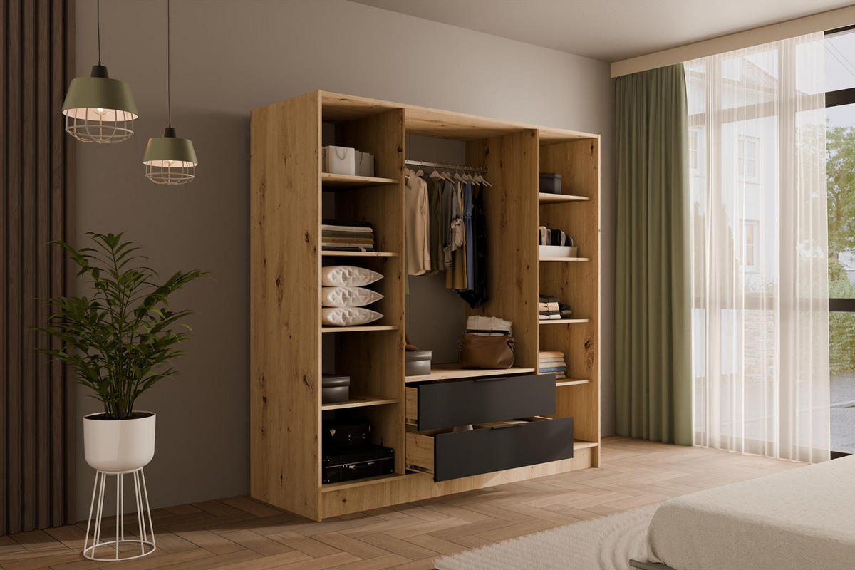 KLEIDERSCHRANK NELIA - 200 cm - Schwarz/Eiche Artisan, Holzwerkstoff (200/200/51cm) - ALTDECOR