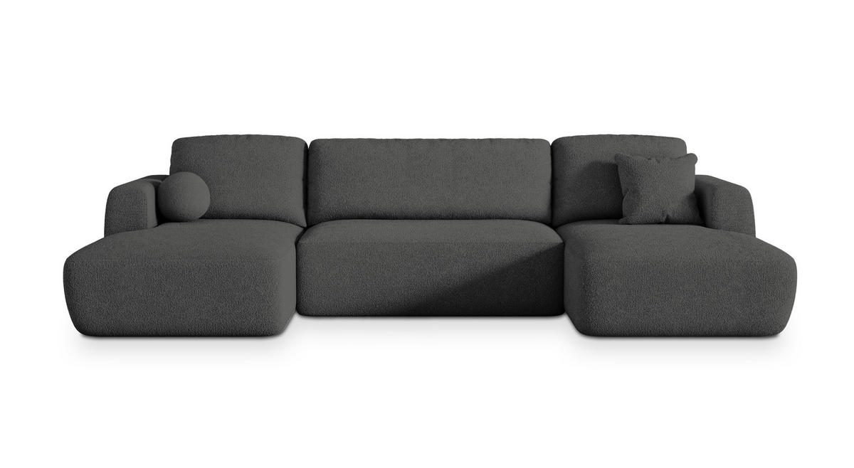 WOHNLANDSCHAFT SENTUM N Grau Boucle-Stoff mit Schlaffunktion - Grau, Holz (330/90/148cm) - MASSENO