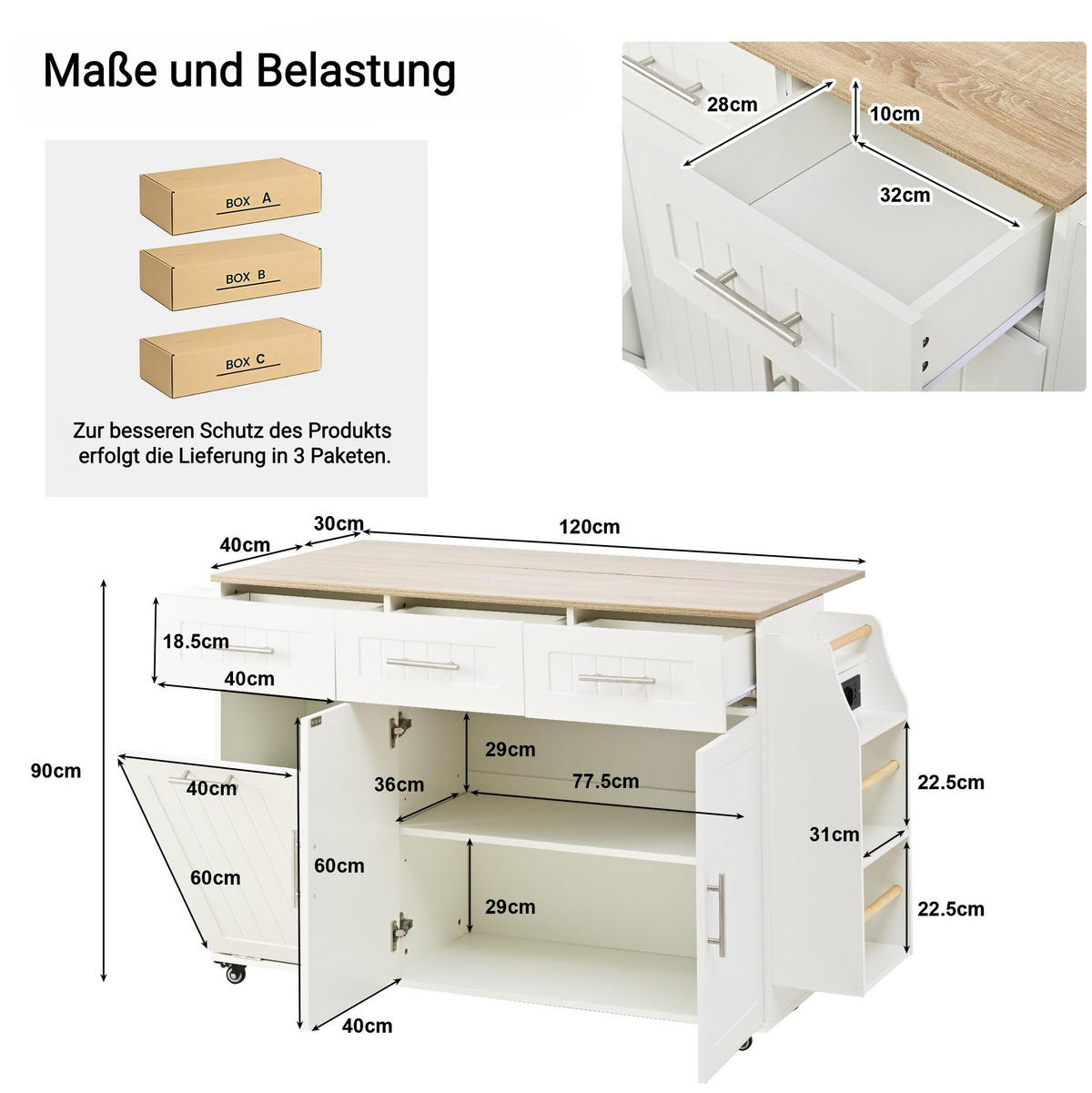 KÜCHENINSEL 120/90/40 cm Weiß aus MDF mit Auszugsplatte - Weiß, Holzwerkstoff (40/90/120cm) - OKMYHOME