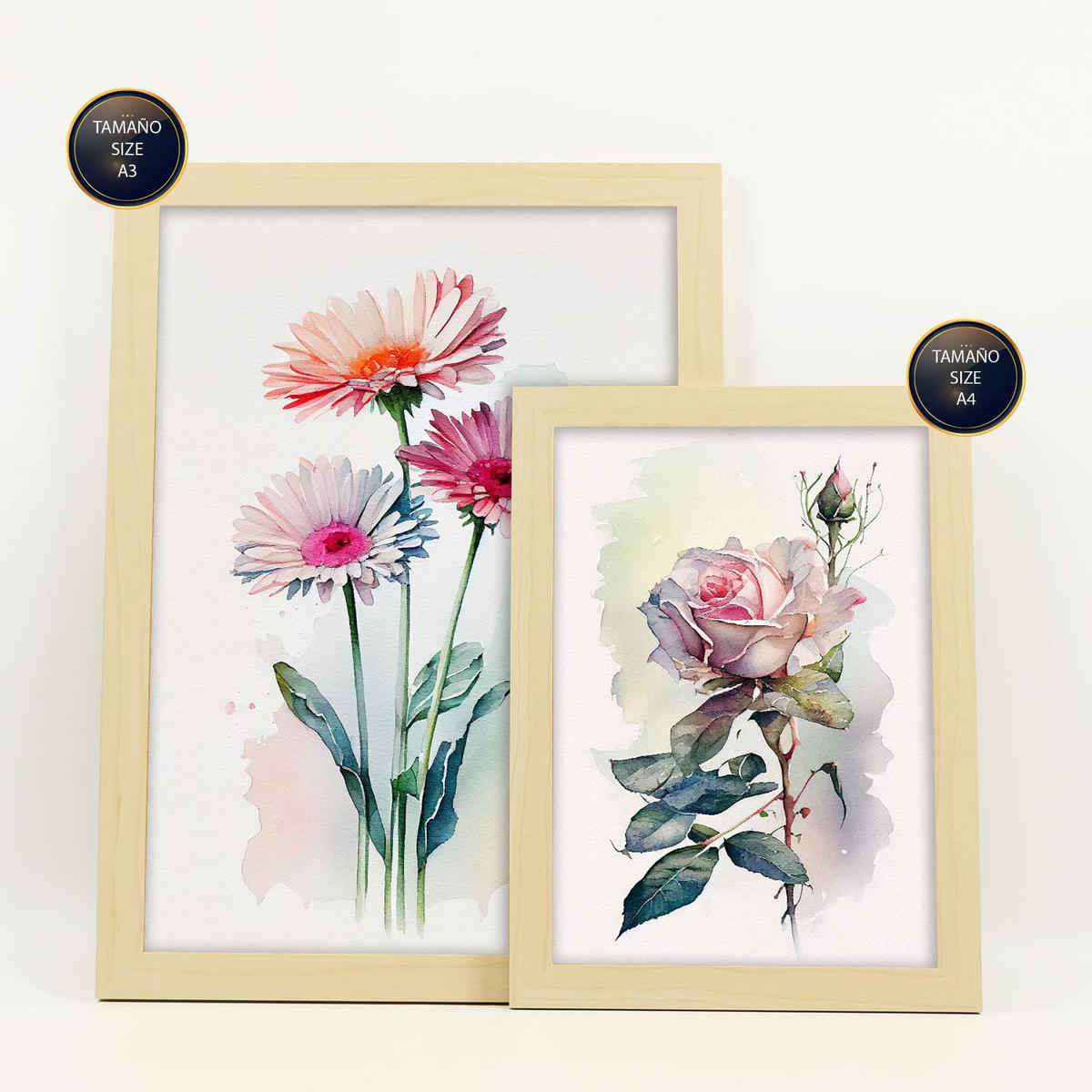POSTER Set Mit 6 Rosen Größe A3 & A4 Rahmen aus hellem Holz - Beige, Papier (29.7/1cm) - Nacnic
