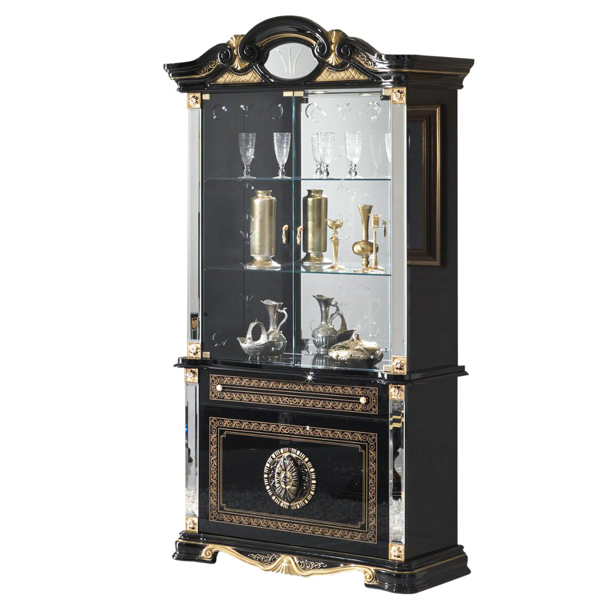 VITRINE BELLA in Schwarz/Gold 4-Türig - Schwarz Hochglanz/Goldfarben, Glas/Holzwerkstoff (105/213/50cm) - Interdesign24