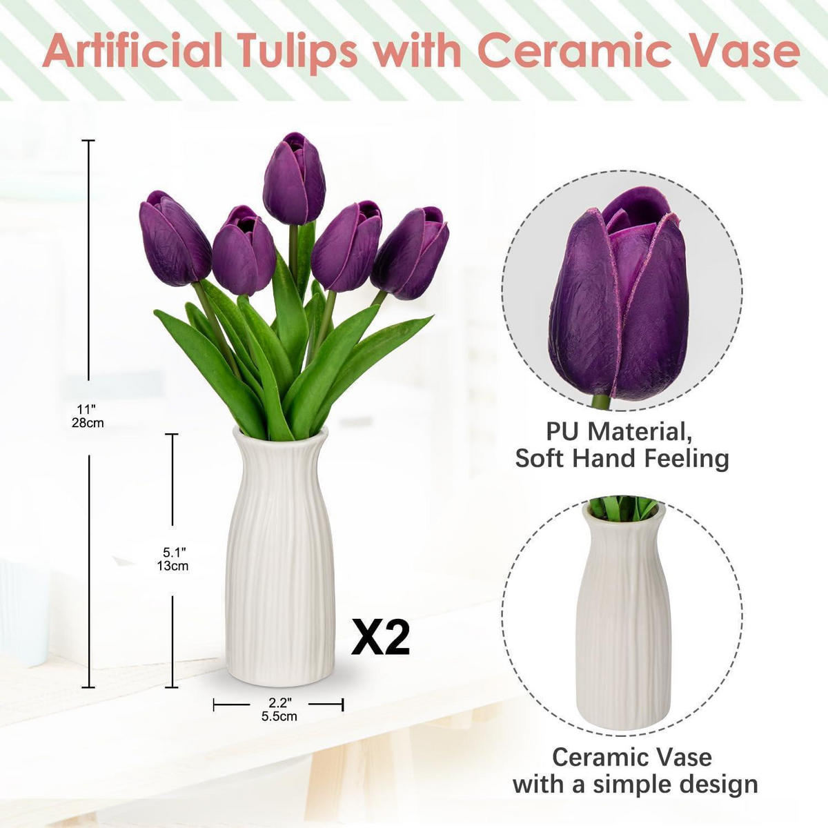 KUNSTBLUMEN Tulpenbund mit Vase 30 cm Violett - Lila, Keramik (30cm)