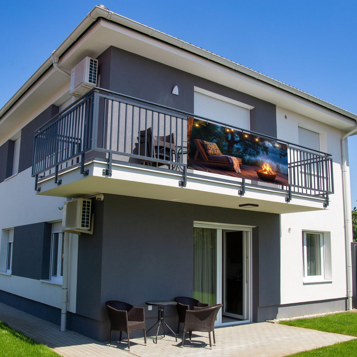 BALKON-SICHTSCHUTZ Lagerfeuer - See - Abendlicht - Dunkelblau, Kunststoff (200/90cm) - MuchoWow