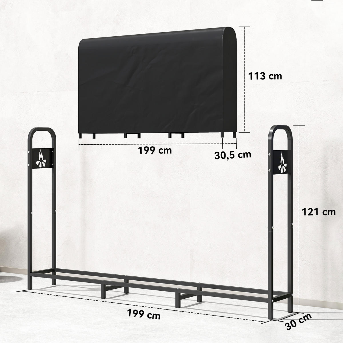 KAMINHOLZREGAL Metall 199 x 30 x 121 cm Brennholzregal 0,6m³ mit Abdeckung - Schwarz, Metall (30/121/199cm) - Outsunny