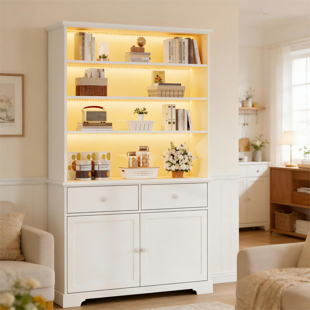 VITRINE weiß aus Spanplatte mit App-gesteuerter USB-LED 100 × 38 × 170 cm - Weiß, Holzwerkstoff (100/170/38cm) - Luhomfu