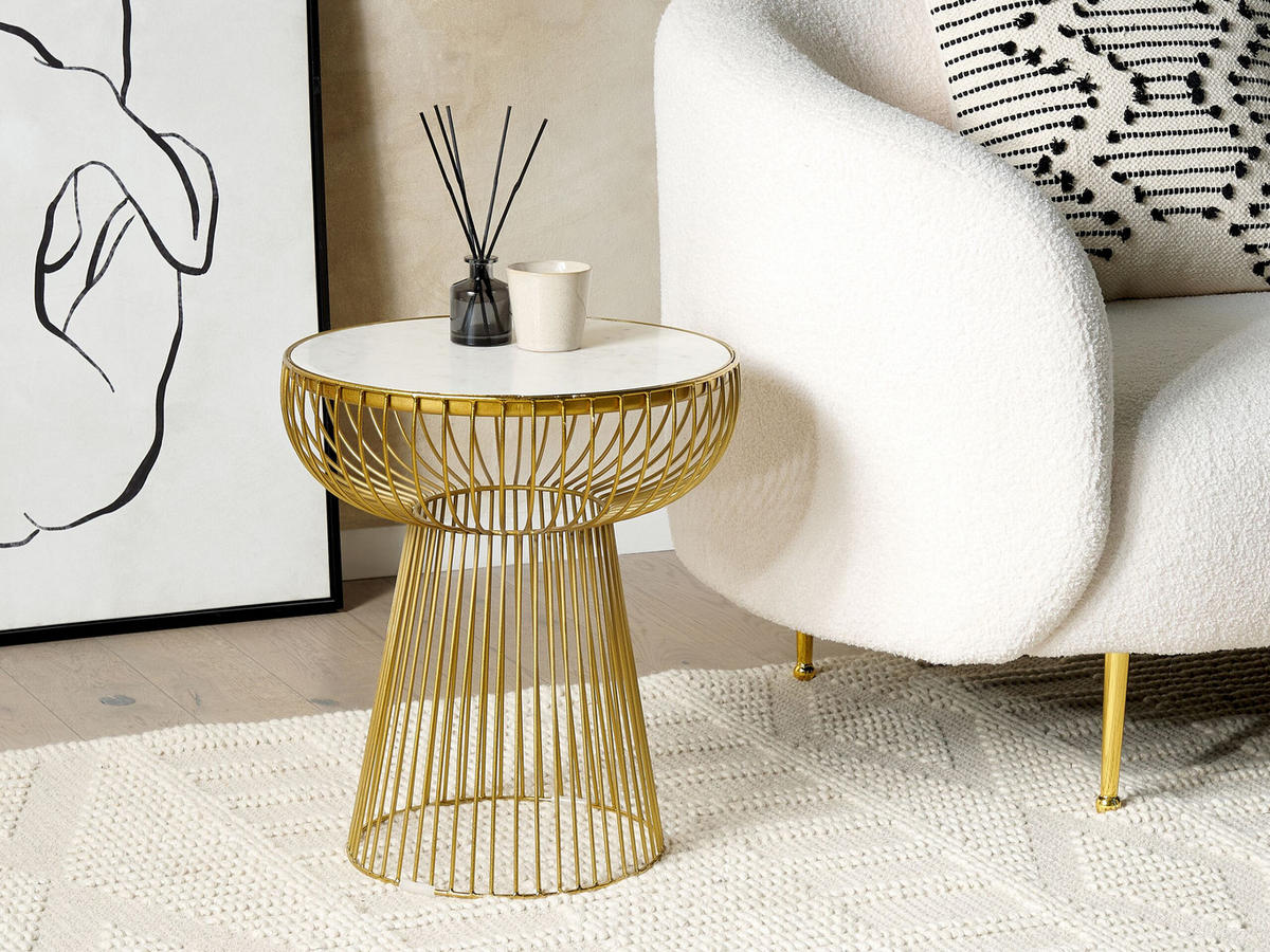 BEISTELLTISCH Marmor weiß/gold rund 42 cm Cheynes - Goldfarben/Weiß, Stein (42/42/48cm) - Beliani