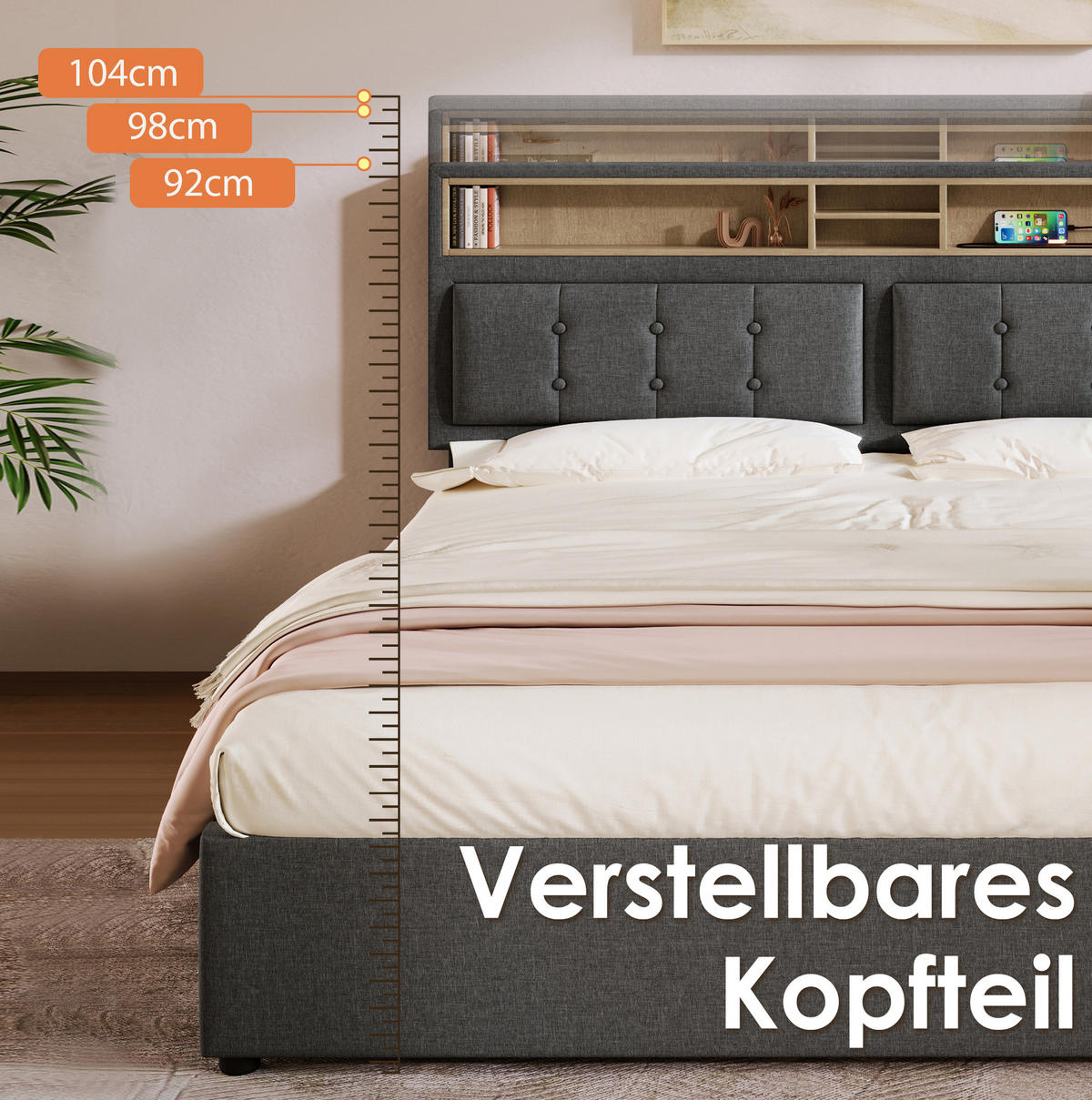 POLSTERBETT 160/200 cm aus Samt mit verstellbarem Kopfteil und Stauraum Beige - Beige, Textil (160/200cm) - Modenvie