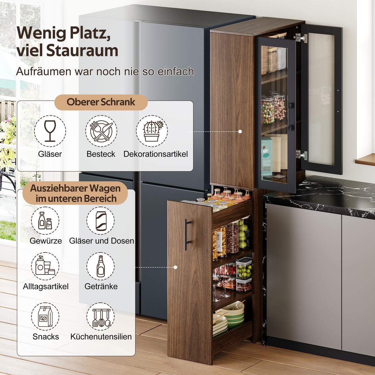 MEHRZWECKSCHRANK DE-38745 60/30/180 cm Glastüren und Ausziehwagen Holz/Schwarz - Braun, Holzwerkstoff (60/180/30cm) - ComfortXL