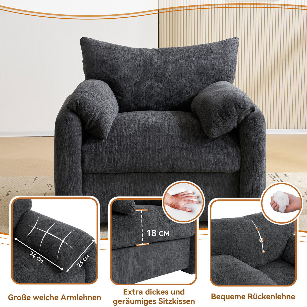 SESSEL 96/82/84 cm Grau aus Chenille - Grau, Textil (82/84/96cm) - OKMYHOME