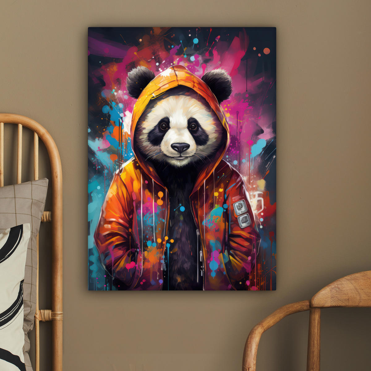 LEINWANDBILD Panda - Jacke - Graffiti - Orange 60x80 cm - Orange, Textil (60/80cm) - MuchoWow
