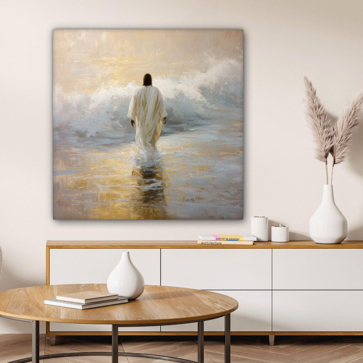 LEINWANDBILD Gemälde - Welle - Jesus - Abstrakt Deko Groß 90x90 cm - Goldfarben, Textil (90/90cm) - MuchoWow