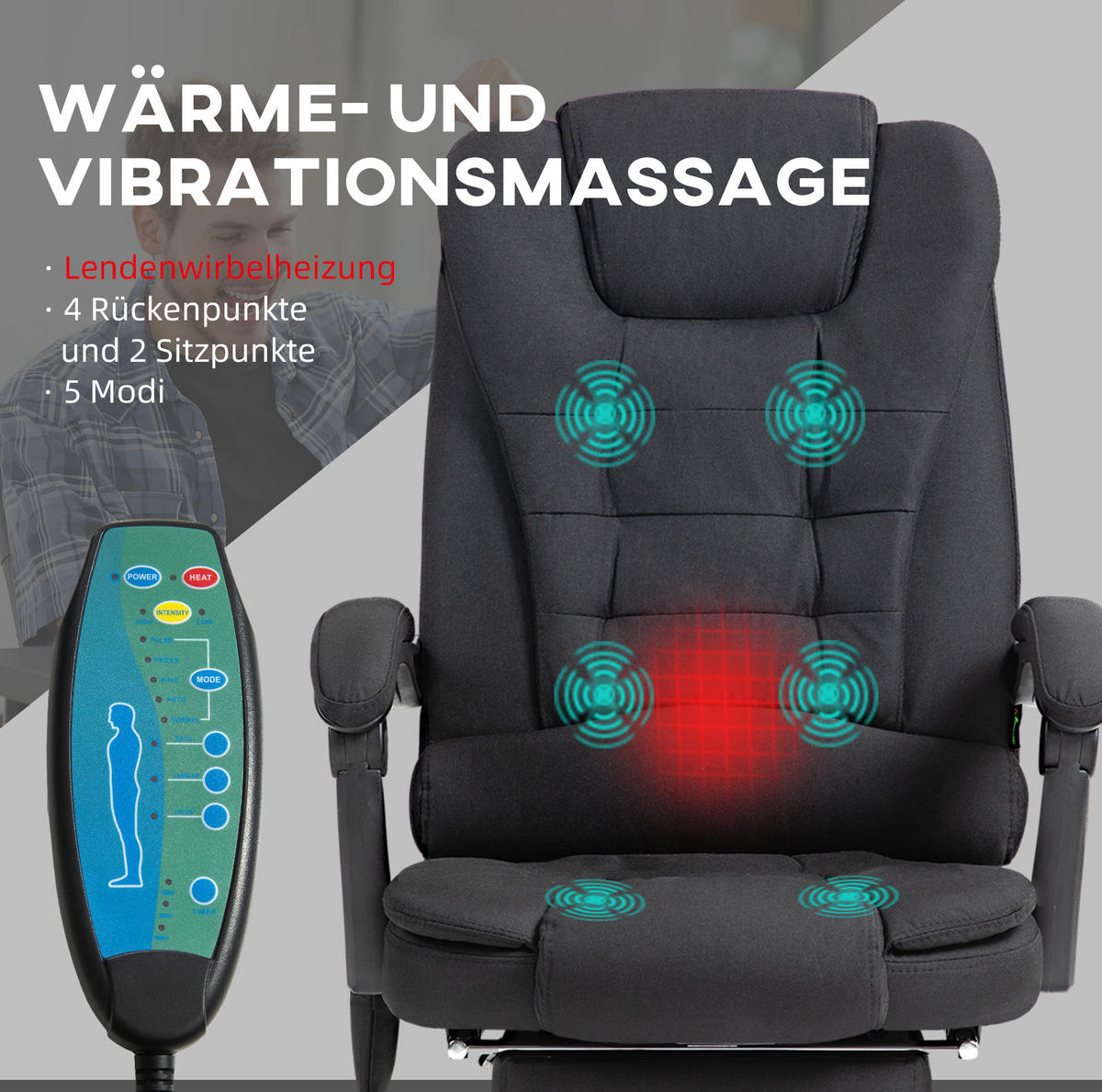 DREHSTUHL 65/70/111-119 cm schwarz aus Stoff mit Massagefunktion - Schwarz, Textil (70/119/65cm) - OKWISH