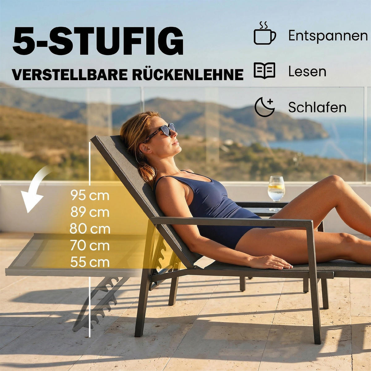 SONNENLIEGE Klappbar tragbar Gartenliege mit ausziehbarer Fußstütze 5-fach Verstellbar Rückenlehne Atmungsaktiv - Schwarz, Metall (185/55/63cm)