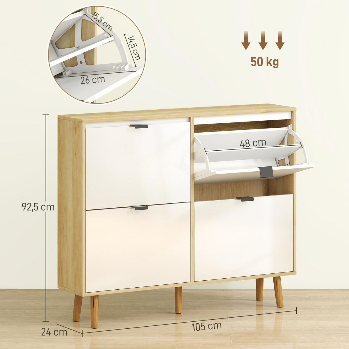 SCHUHSCHRANK, schmaler Schuhschrank, 4 Klappschubladen, Hochglanztür, 105 x 24 x 92,5 cm, weiß - Weiß, Holzwerkstoff (105/92.5/24cm) - HOMCOM