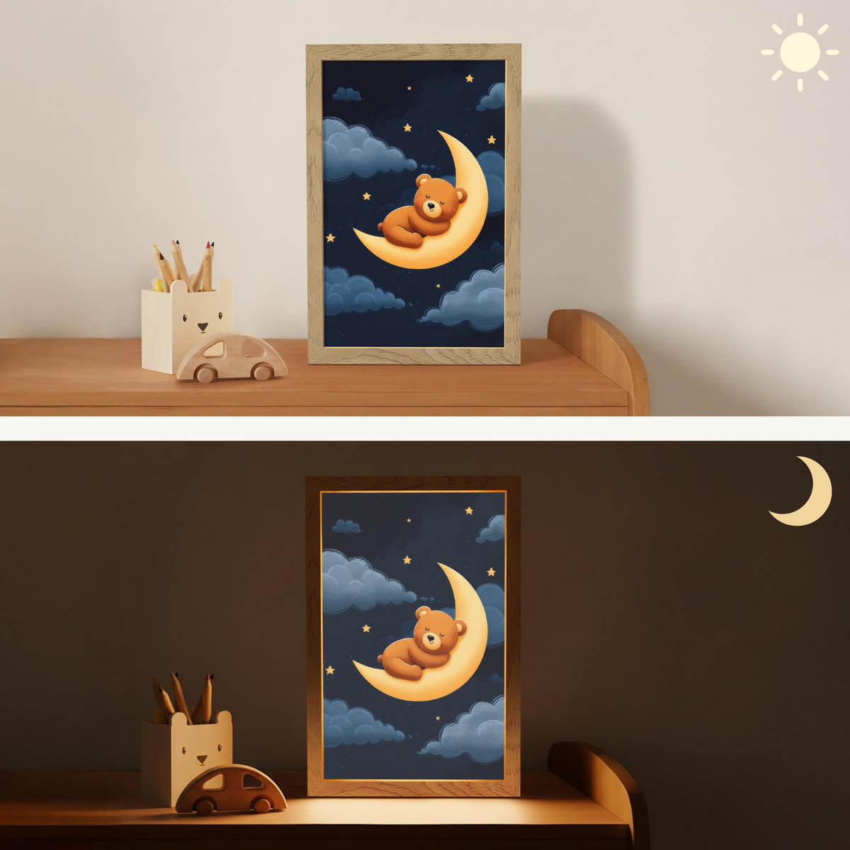 NACHTTISCHLAMPE Teddybär - Mond - Wolken - Sterne 20x30 cm - Dunkelblau, Holzwerkstoff (8/20/30cm)