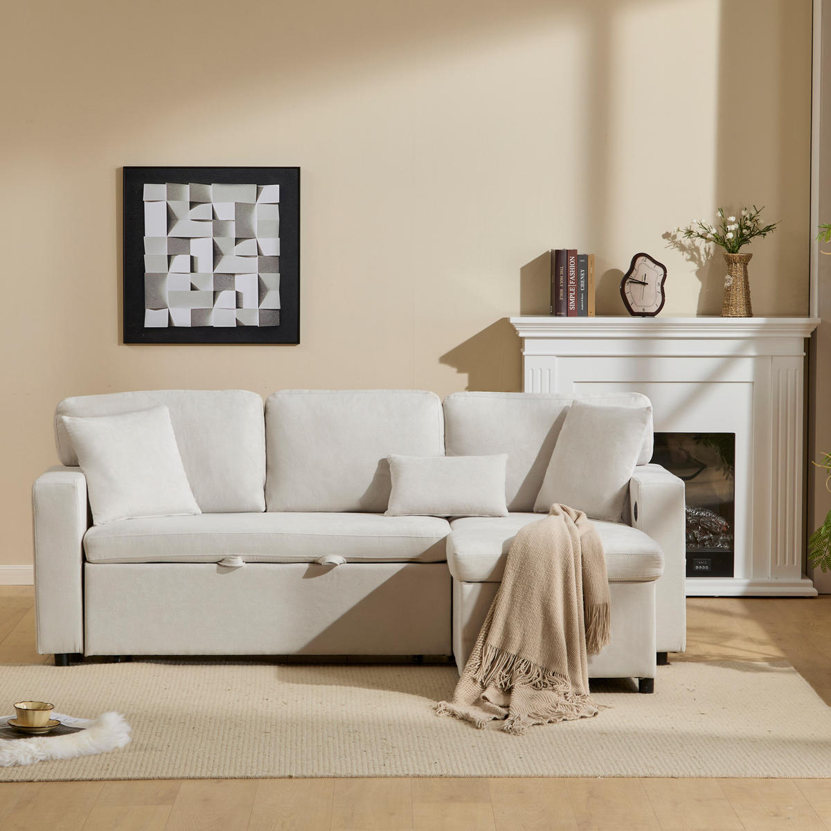 ECKSOFA mit USB-Anschluss Bettkasten Regal Beige - Beige, Textil (214/131cm) - EVRYAE