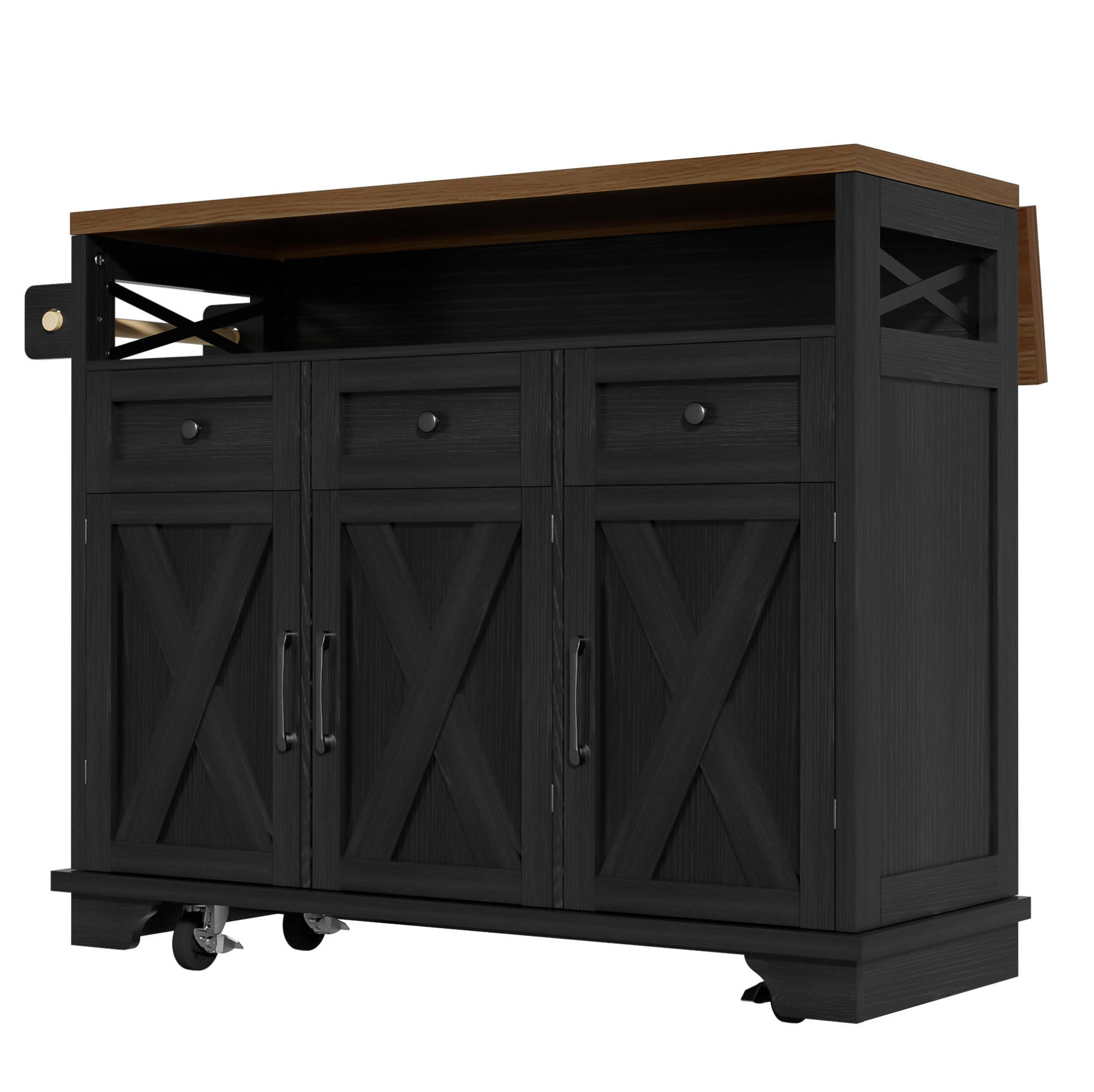 Modfu KUCHYŇSKÝ ostrůvek z MDF a kovu 118x43-80x98 cm černý se sklopnou deskou, úložným prostorem, držákem na ručníky a kolečky