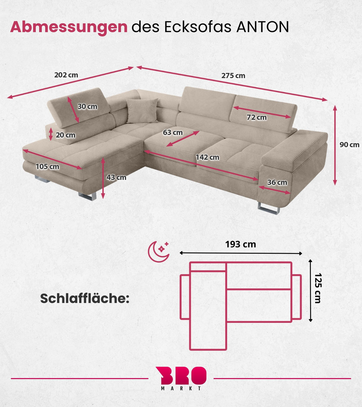 ECKSOFA Anton mit Schlaffunktion Beige Cord - Beige/Silberfarben, Textil/Metall (142/275cm) - Bromarkt
