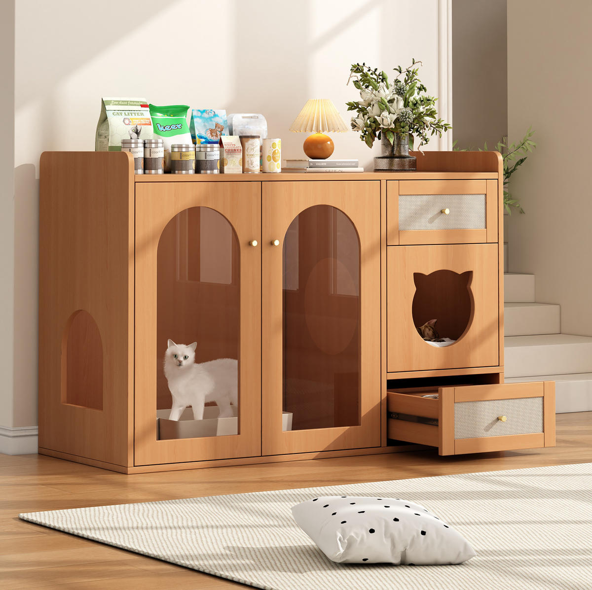 SIDEBOARD 120/45/76 cm in Nussbaum-Optik mit Glastür & Futternapf-Schublade - Walnussfarben, Holzwerkstoff (120/83/45cm) - BEAOK