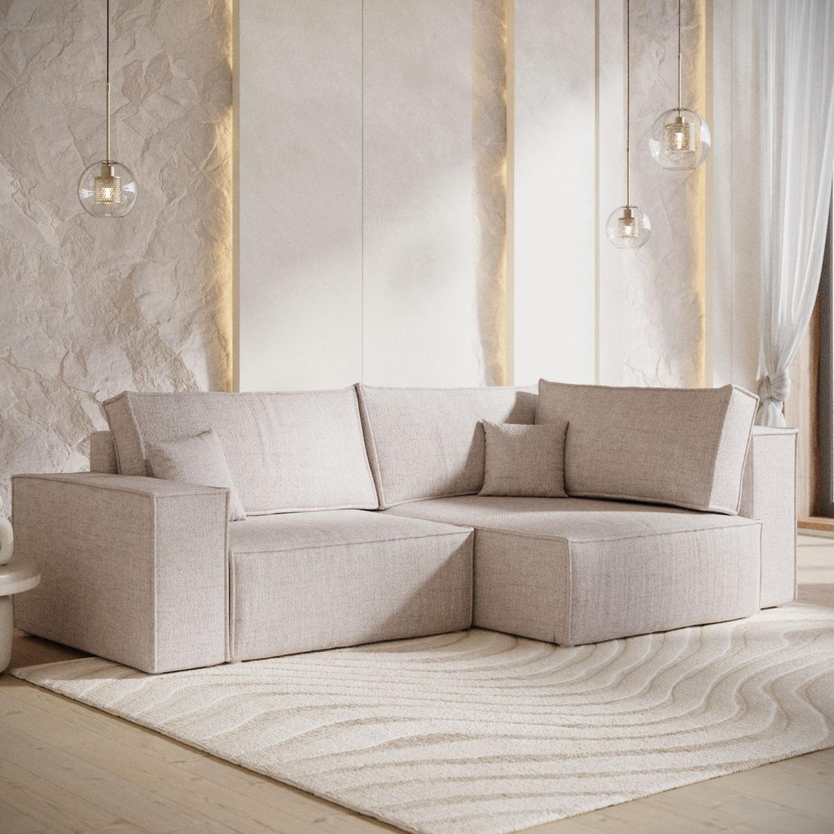 ECKSOFA AVION mit Schlaffunktion Hellbeige im Neve Stoff - Sandfarben/Schwarz, Holz/Holzwerkstoff (253/148cm) - AltaBeds