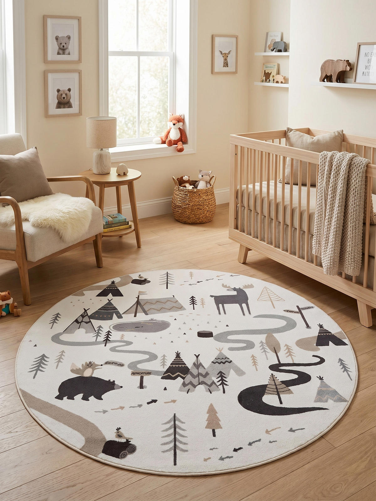 SPIELTEPPICH Waschbar TINO in Creme, mit Waldtier-Motiv, Ø 200 cm - Beige, Textil (200/200cm) - KADIMA DESIGN