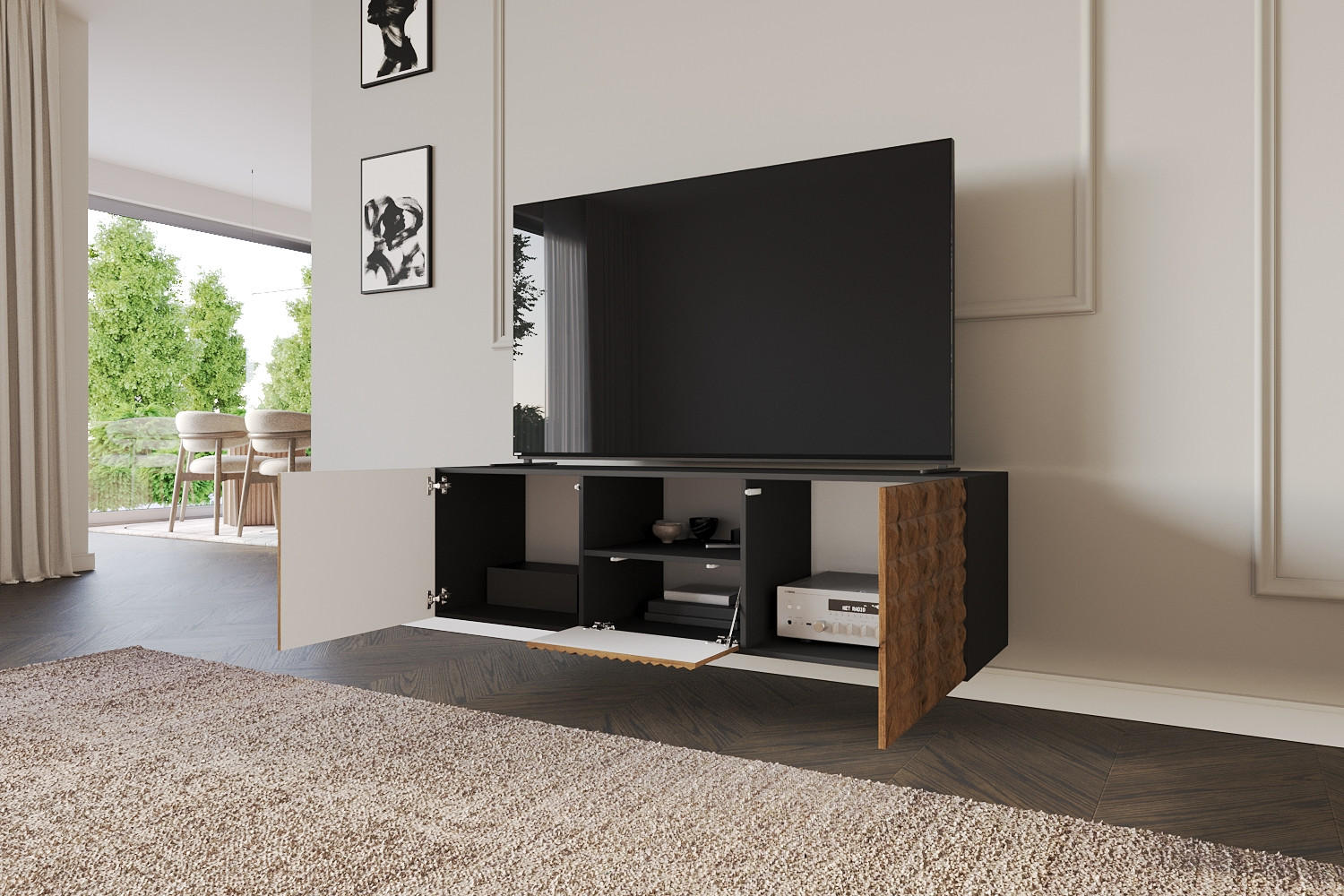 LOWBOARD VIRA-W 140x40x41 cm - Schwarz / Katania - Eiche Wotan, Holzwerkstoff (140/40/41cm) - ALTDECOR