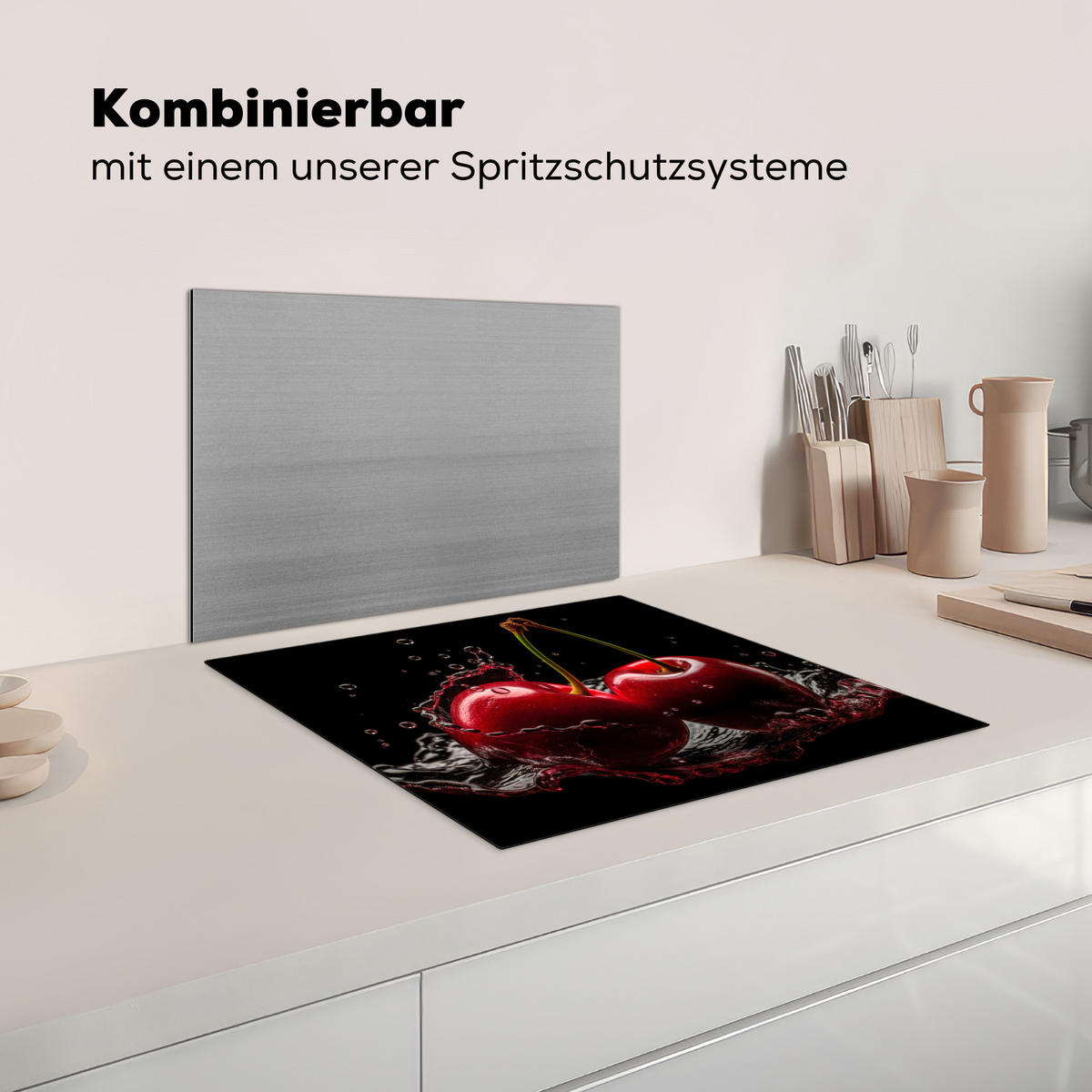 HERDABDECKPLATTE Kirsche - Rot - Frucht - Wasser - Schwarz Abdeckung Ceranfeld 59x51 cm - Kirschrot, Kunststoff (59/51/0.2cm) - MuchoWow