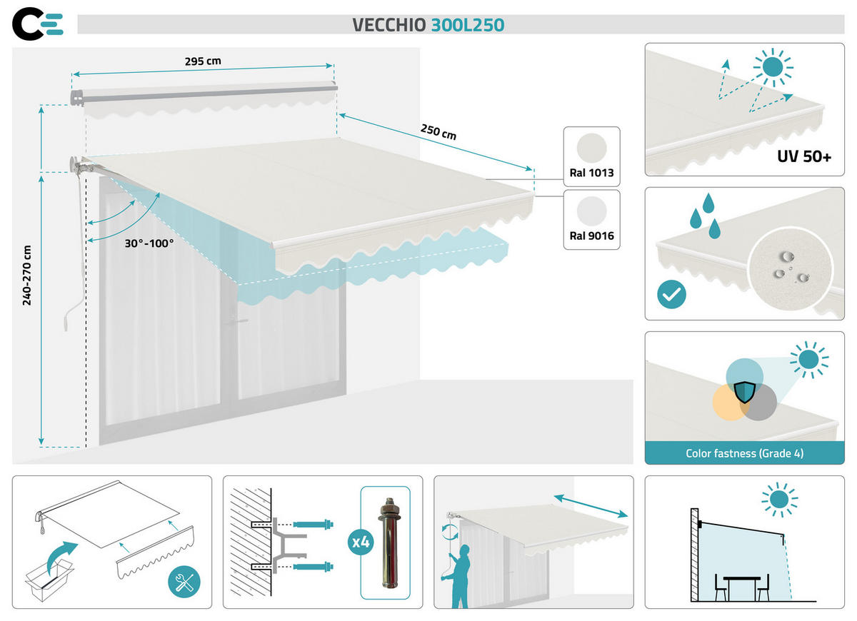 MONOBLOCK-MARKISE VECCHIO Weißes Gestell - leinwand Beige 3x2,5m - Premium-Leinwand 320g/m² - Beige, Metall (295/218/250cm) - Cazeboo