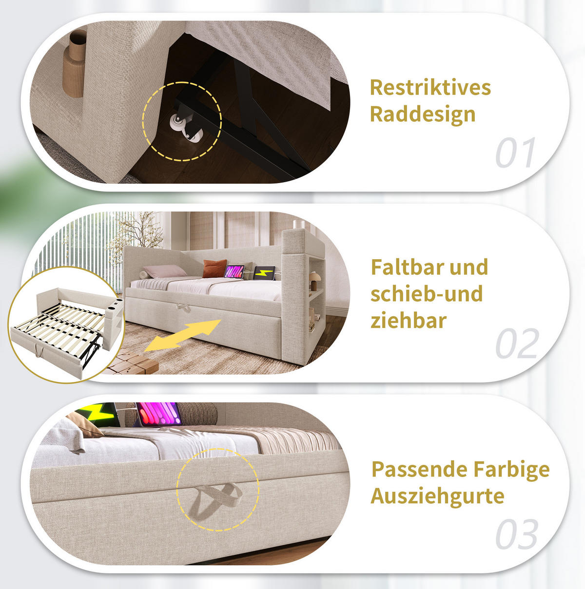 POLSTERBETT 90/200 cm Beige aus Baumwolle und Leinen mit Ausziehbett - Beige, Textil (90/200cm) - OKMYHOME