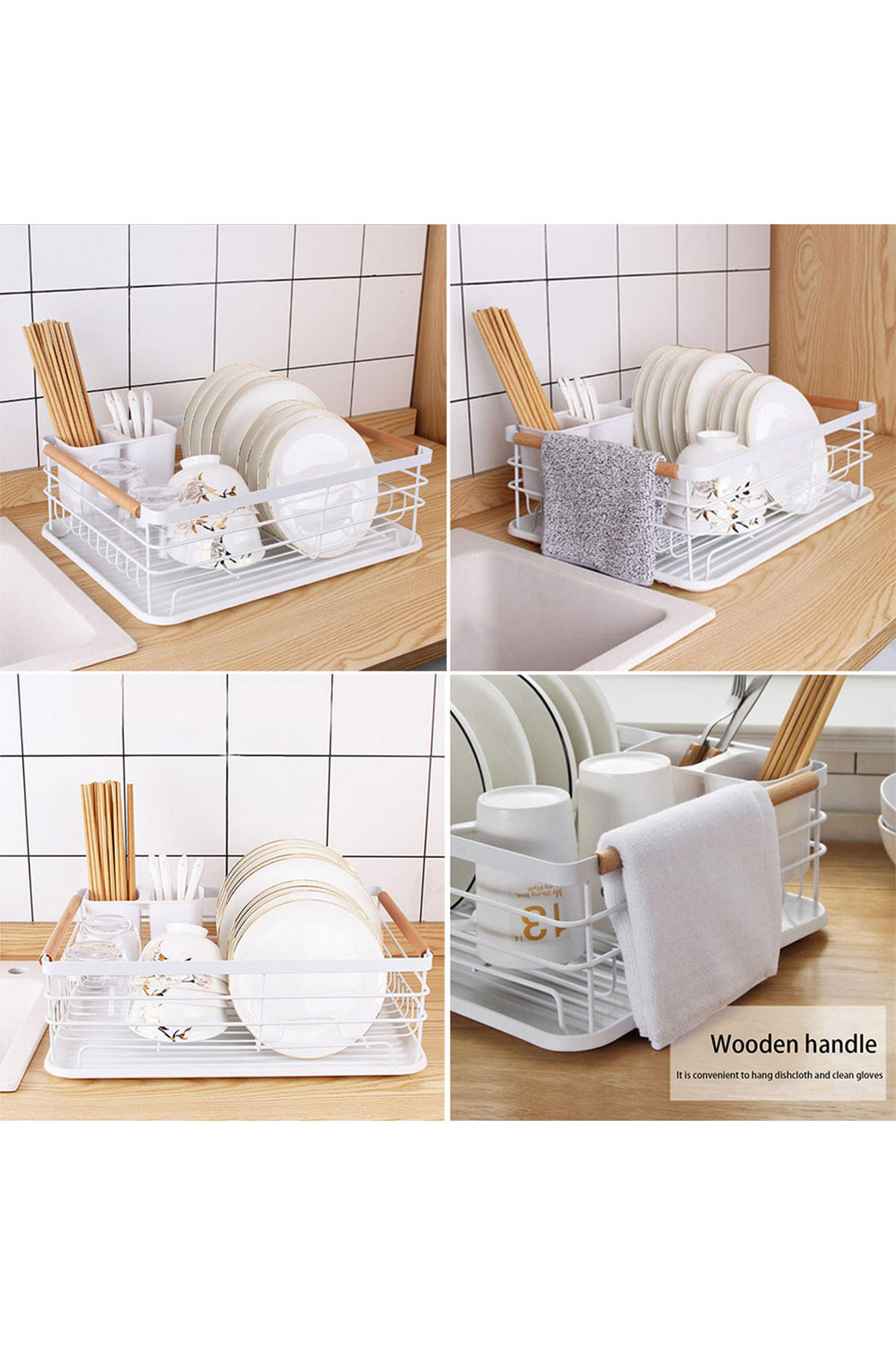 GESCHIRRABTROPFGESTELL in Weiß aus Kohlenstoffstahl PP Holz mit Holzgriff Einfache Reinigung Saubere Arbeitsplatte 43 x 30,5 x 14 cm - Weiß, Metall (43/14/30.5cm) - Livingandhome