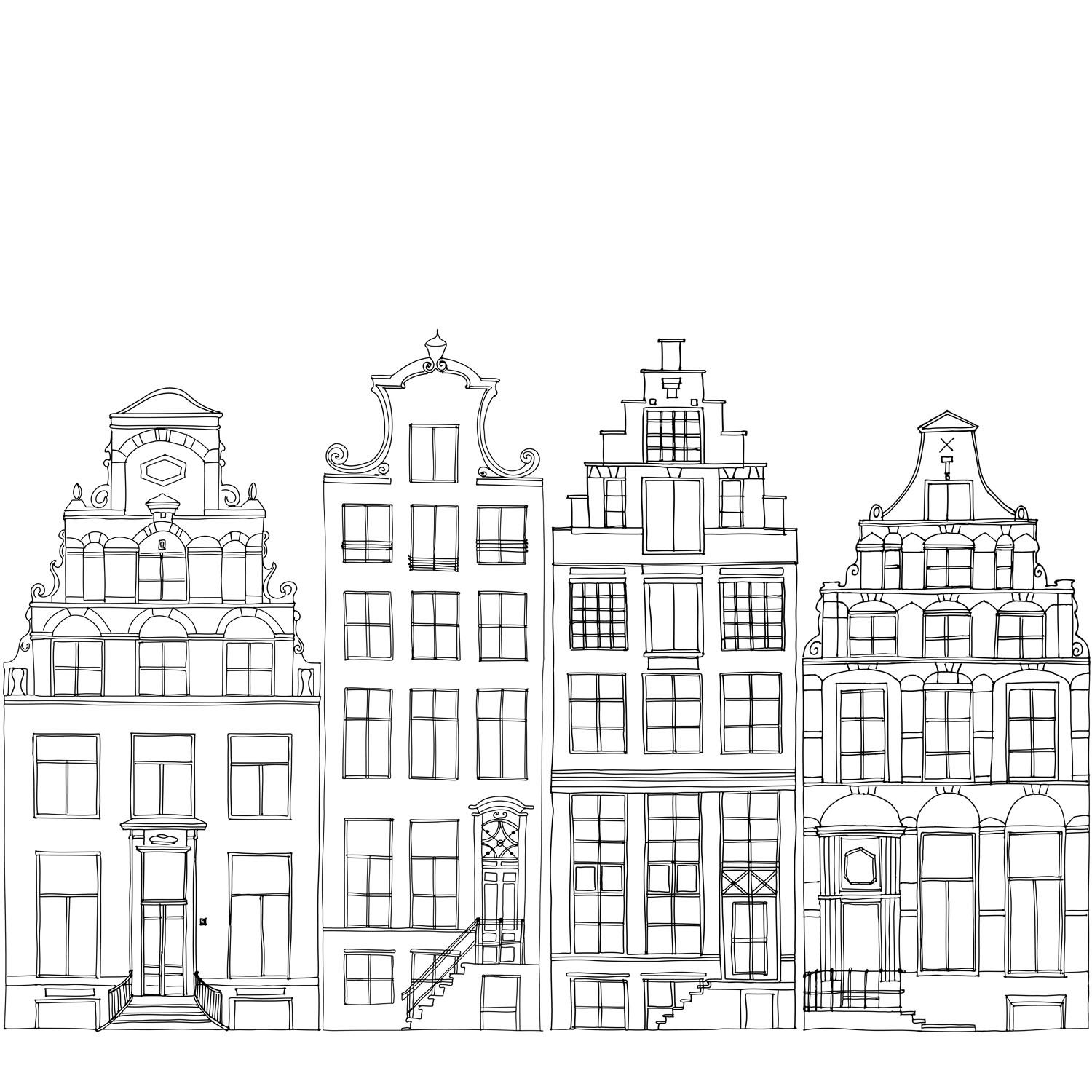 FOTOTAPETE gezeichnete Amsterdamer Grachtenhäuser 300 x 279 cm - Schwarz, Papier (300/279cm) - ESTAhome