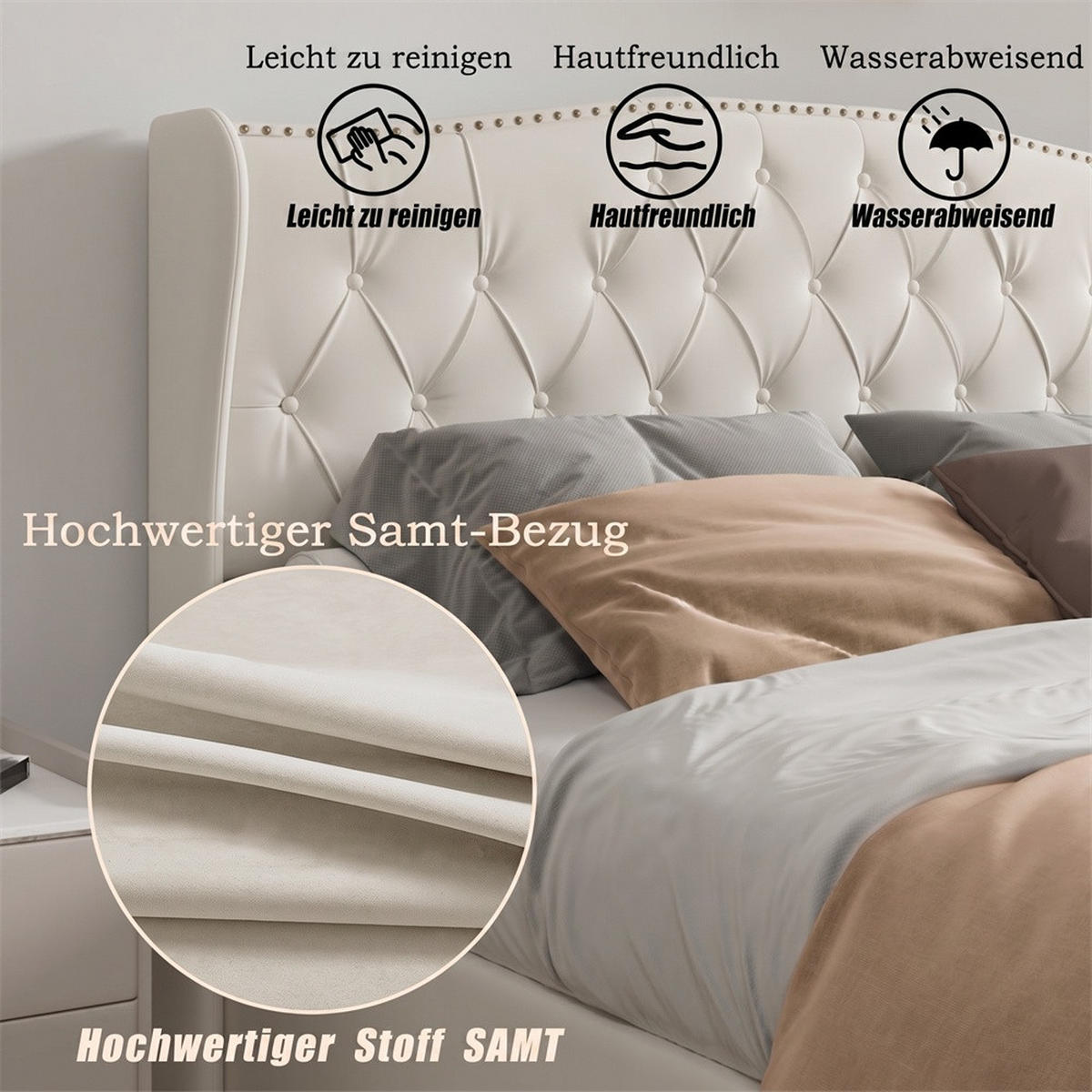 POLSTERBETT 140x200 cm mit hydraulischem Stauraum - Kopfteil und Fußteil im Wellendesign mit Nieten-Dekor - Cremeweiß - Creme, Textil (140/200cm) - DELFA