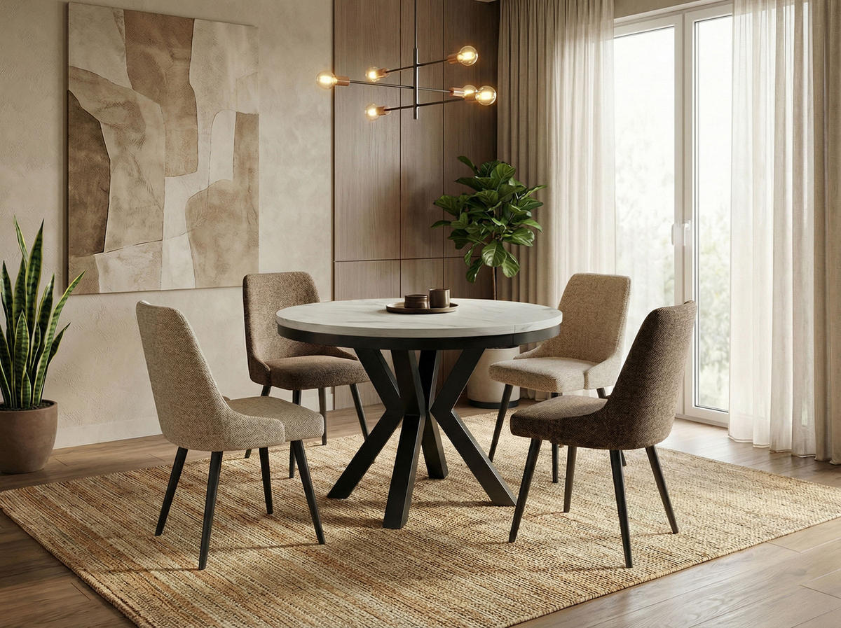 ESSTISCH Clara runder ausziehbarer, Marmor Weiß 120-200/120/76 cm - Ecru/Schwarz, Holzwerkstoff/Metall (120/120/76cm) - WFL GROUP