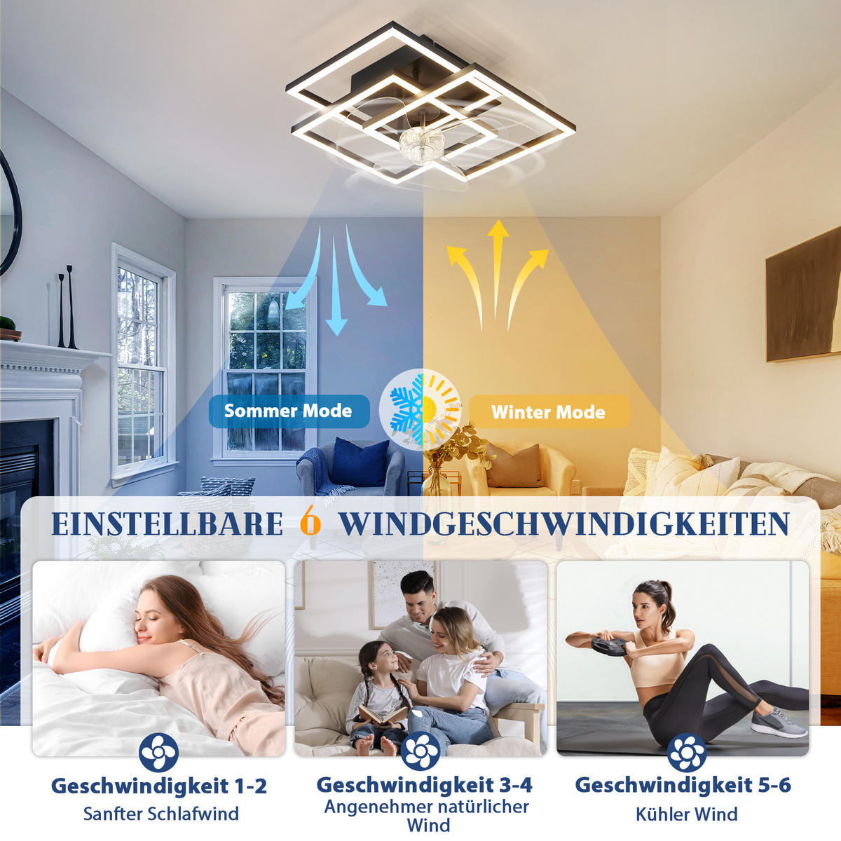 LED DECKENVENTILATOR Qalen 37/37/16.5 cm - Schwarz, Kunststoff/Metall (37/37/16.5cm) - ZMH