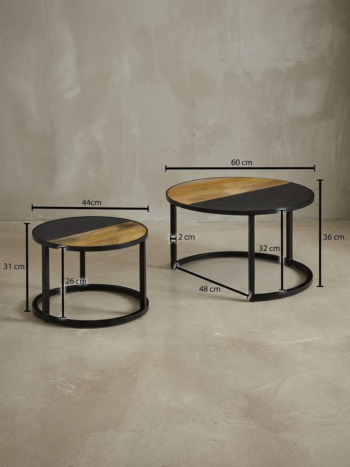 COUCHTISCH Set – Rund Mango Massivholz Steinoptik 2-teilig modern - Schwarz, Holz/Metall (60/60/36cm) - KADIMA DESIGN