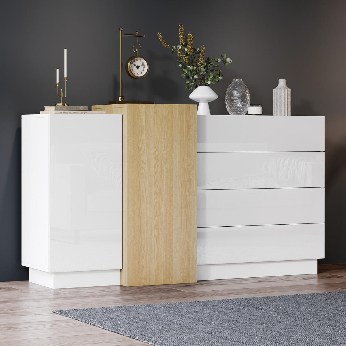 SIDEBOARD Weißes Hochglanz mit Push-Rebound-System und horizontaler Eichendekorleiste 140 × 35 × 76,5 cm - Weiß, Holzwerkstoff (140/76.5/35cm) - Luhomfu